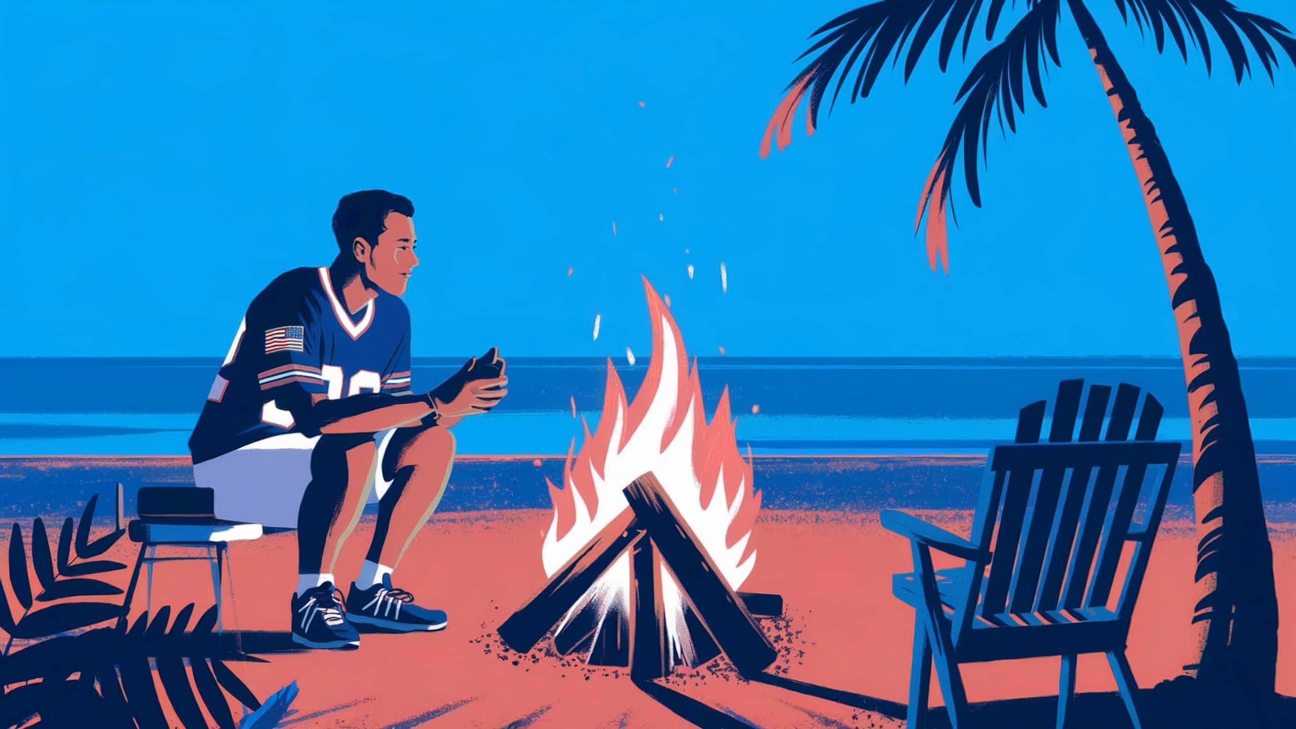 An illustration of a man wearing a football jersey sitting by a camp fire on a beach